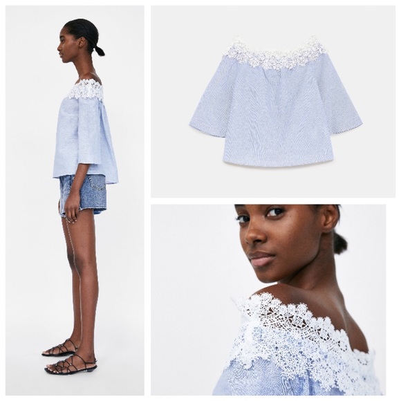 NWOT Zara Contrast Lace Stripe Off Shoulder Top -S - Picture 4 of 8